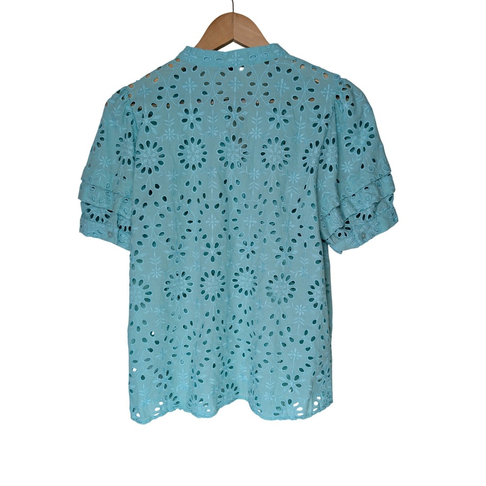 J Crew Floral Eyelet Ruffle Sleeve Popover Top Womens Small Aqua Blue AW539 - Picture 4 of 9